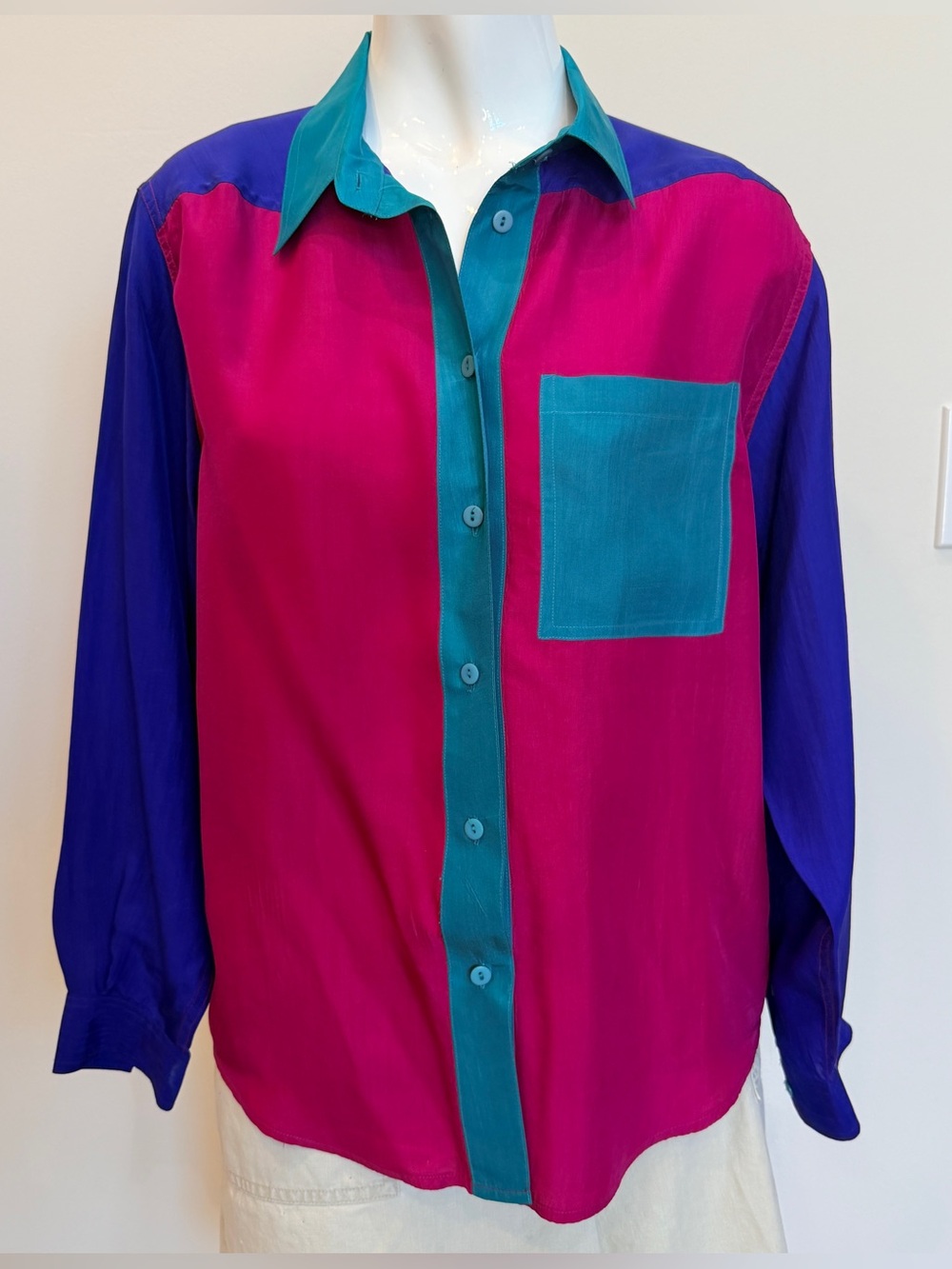Vintage Silk Petite Sophisticate Color Block Blouse Medium Pink Teal Purple Y2K